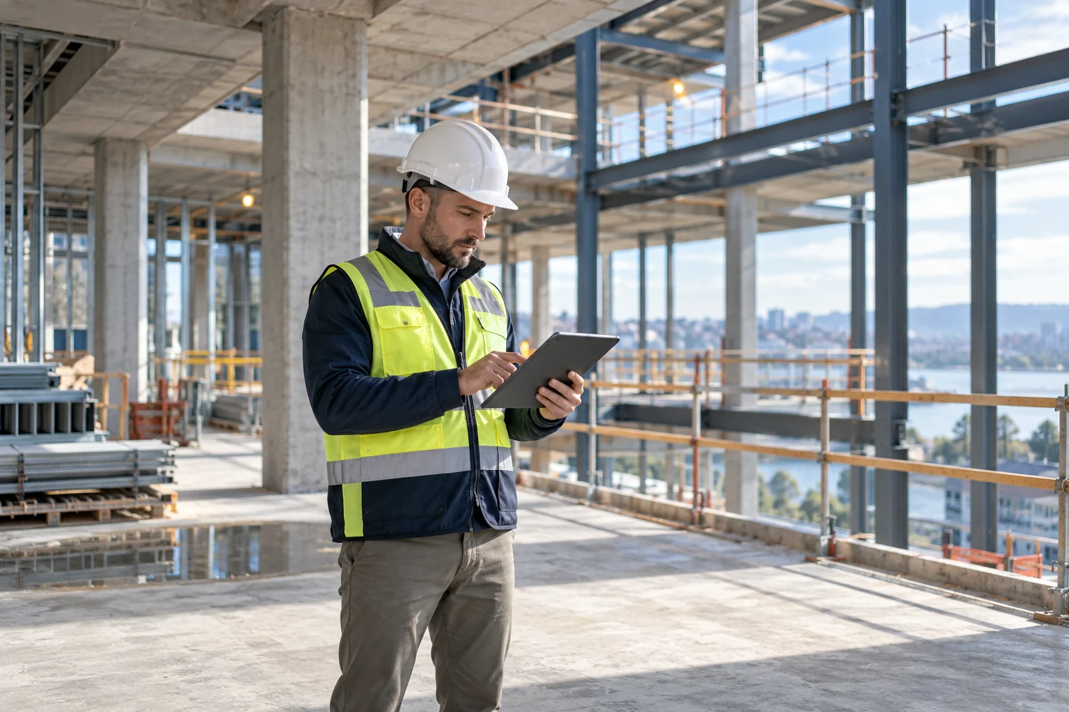 Construction monitoring professional checking a tablet inside a commercial building under construction