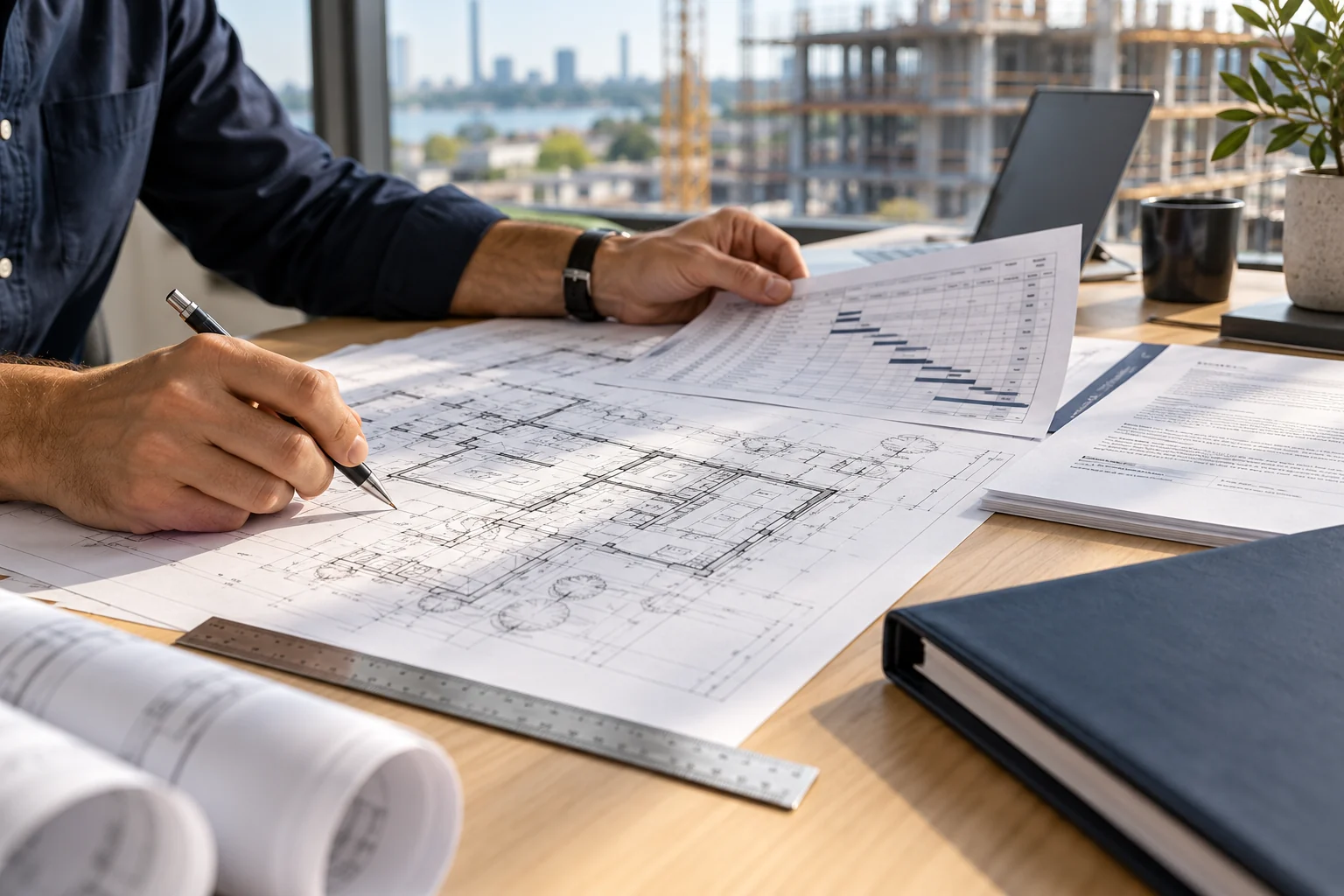 Architectural plans, project schedule and construction documents being reviewed at a desk