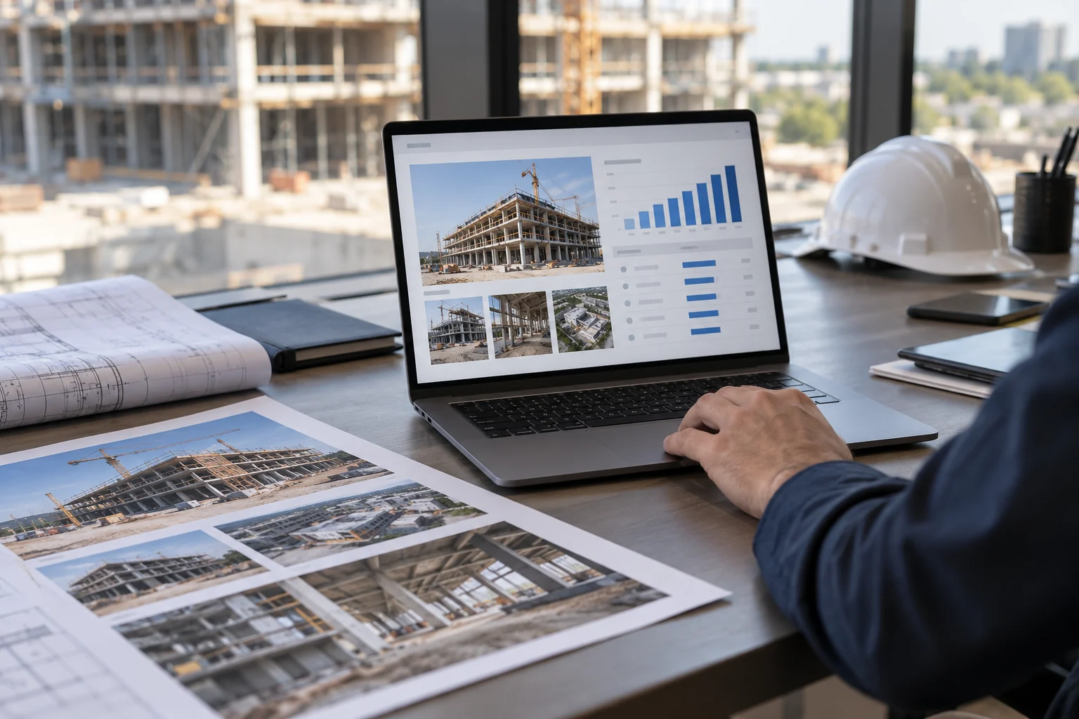 Construction progress charts and site photographs displayed on a laptop beside project documents