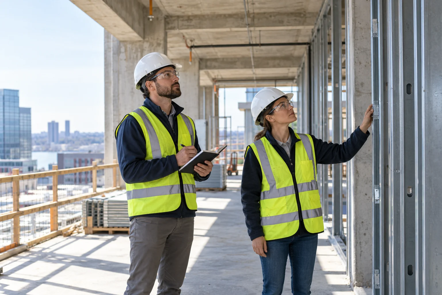 Two construction review professionals in safety equipment inspecting commercial building framing
